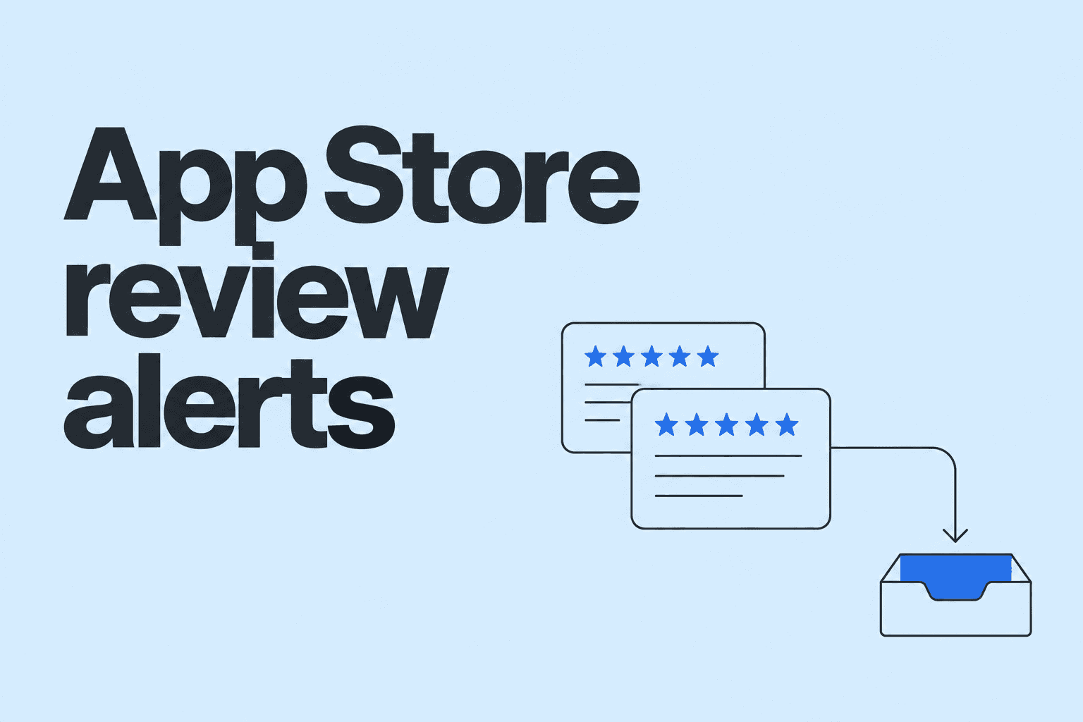 App Store review alerts. Review slips connected to an inbox on a blue background.