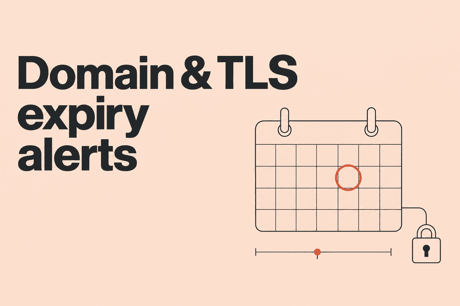 Domain and TLS expiry alerts. A calendar and padlock on a peach background.
