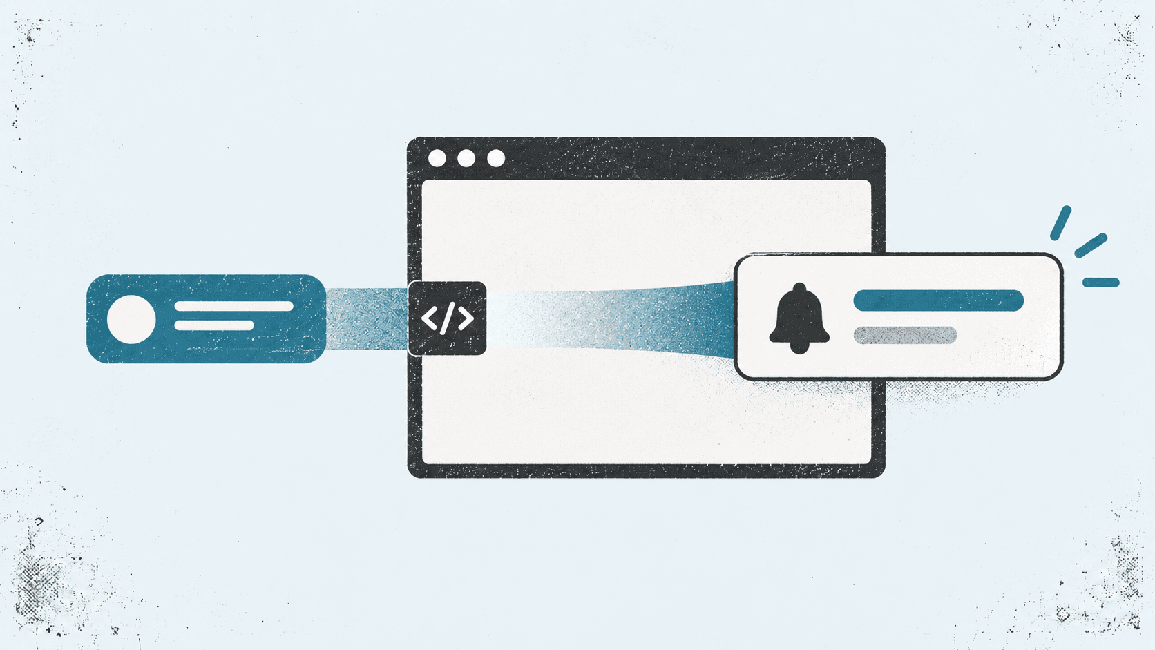 Illustration of a web push service showing a server communicating through a cloud connection to deliver a browser notification, represented by a pop-up with a bell icon.